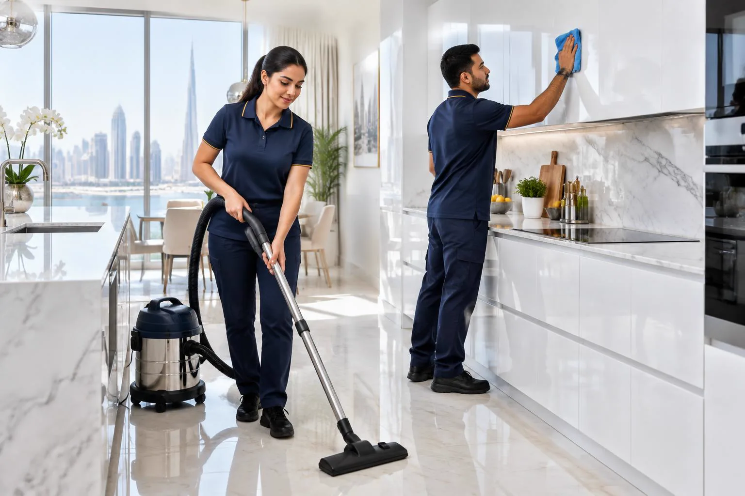 Cleaning staff sanitizing a kitchen