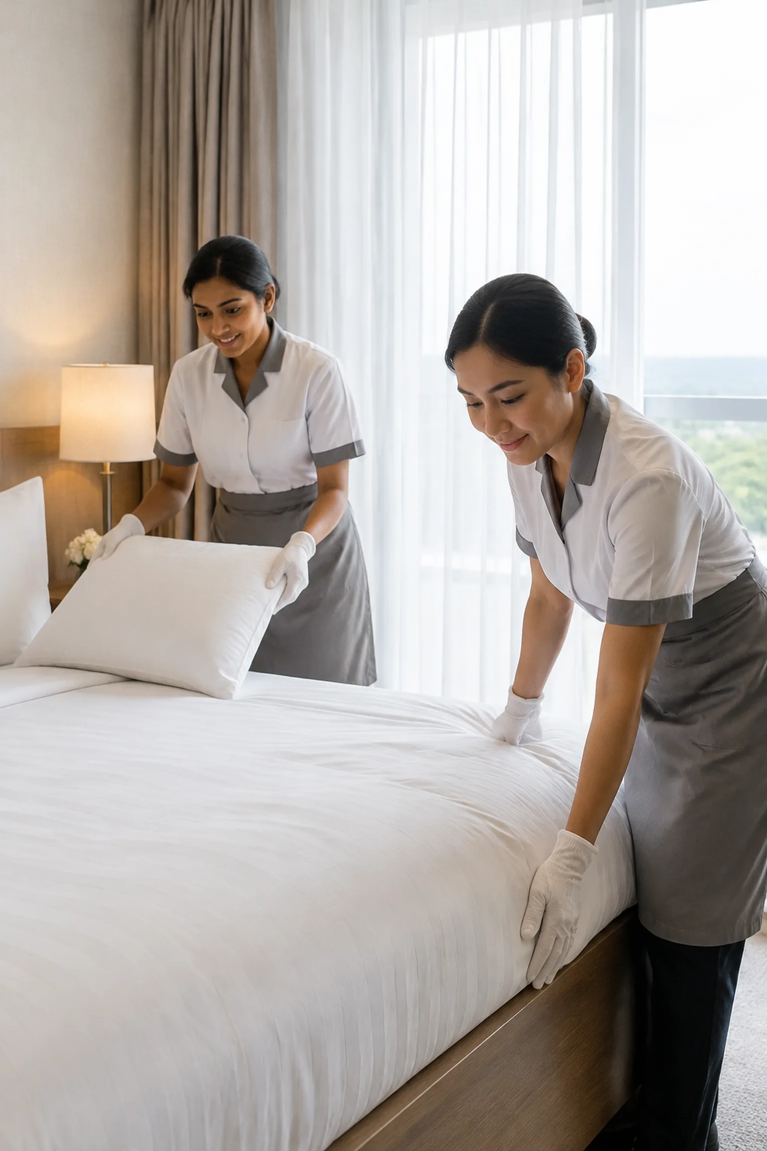 Housekeeping staff preparing hotel bedding